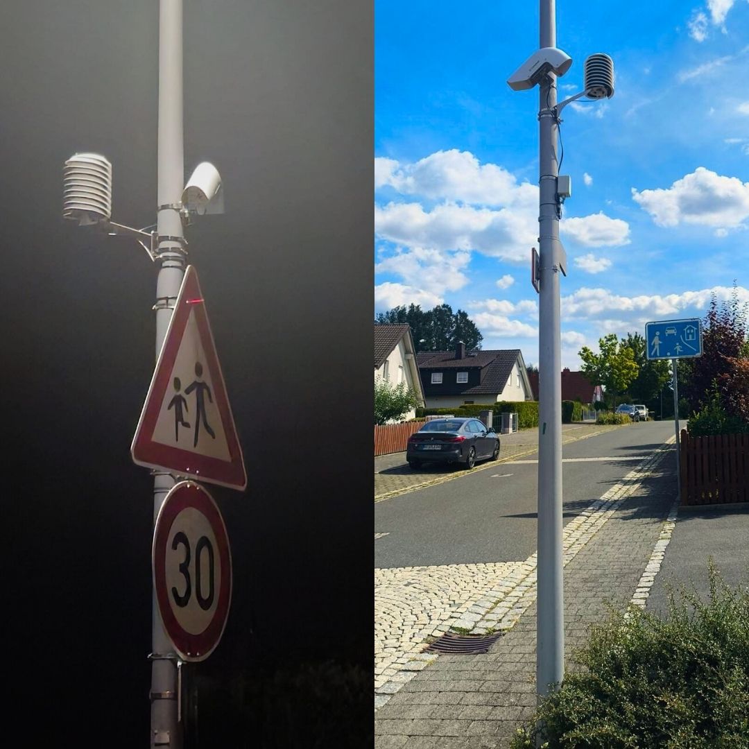 Installationsbeispiele für den Infrarotsensor, der die Straßentemperatur erfasst und daneben eine kleine Wetterstation für Umgebungstemperatur und Luftfeuchtigkeit.